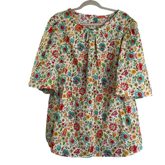 Handmade Floral Tunic Blouse Bell Sleeves Back Button Down Butterflies - Picture 1 of 10